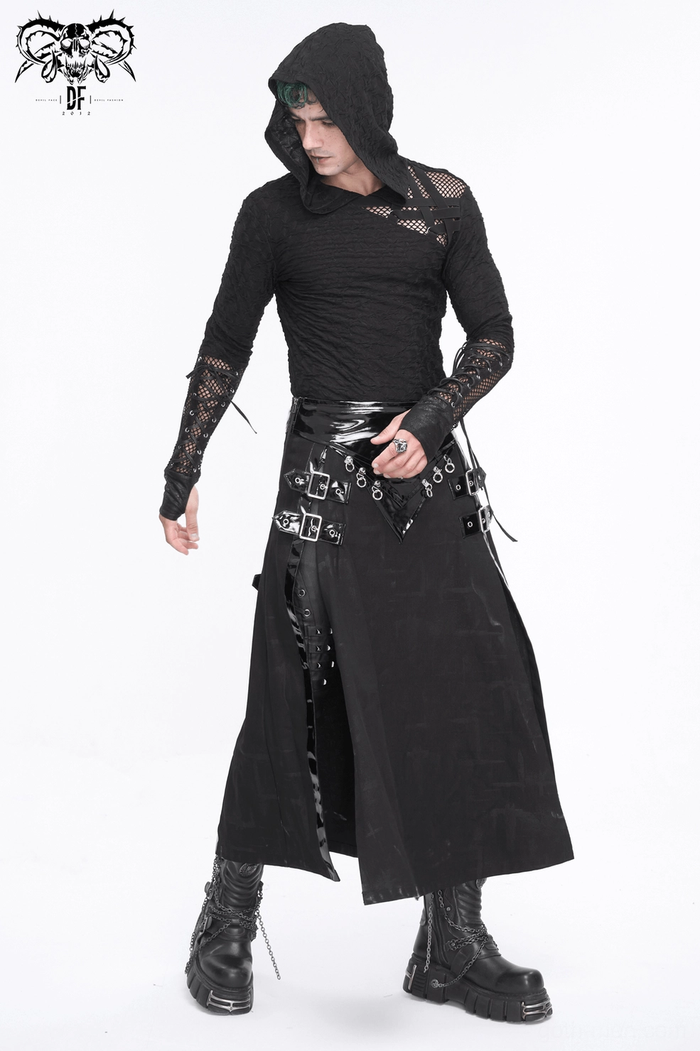Gothic faux leather kilt D-ring and chain hardware detail - punk goth aesthetic
