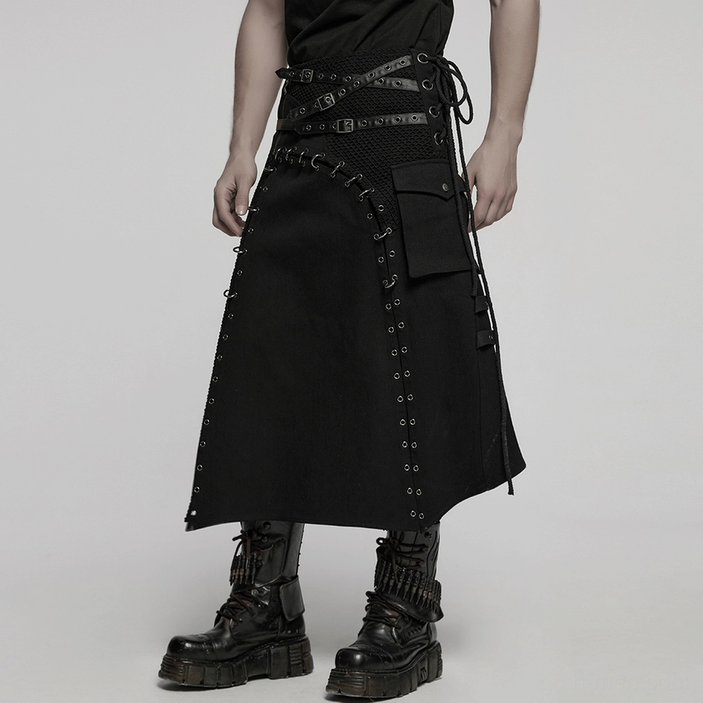 Gothic Mens Kilt with Mesh Panels - Dynamic Movement View Showing Asymmetric Hemline and Construction Details