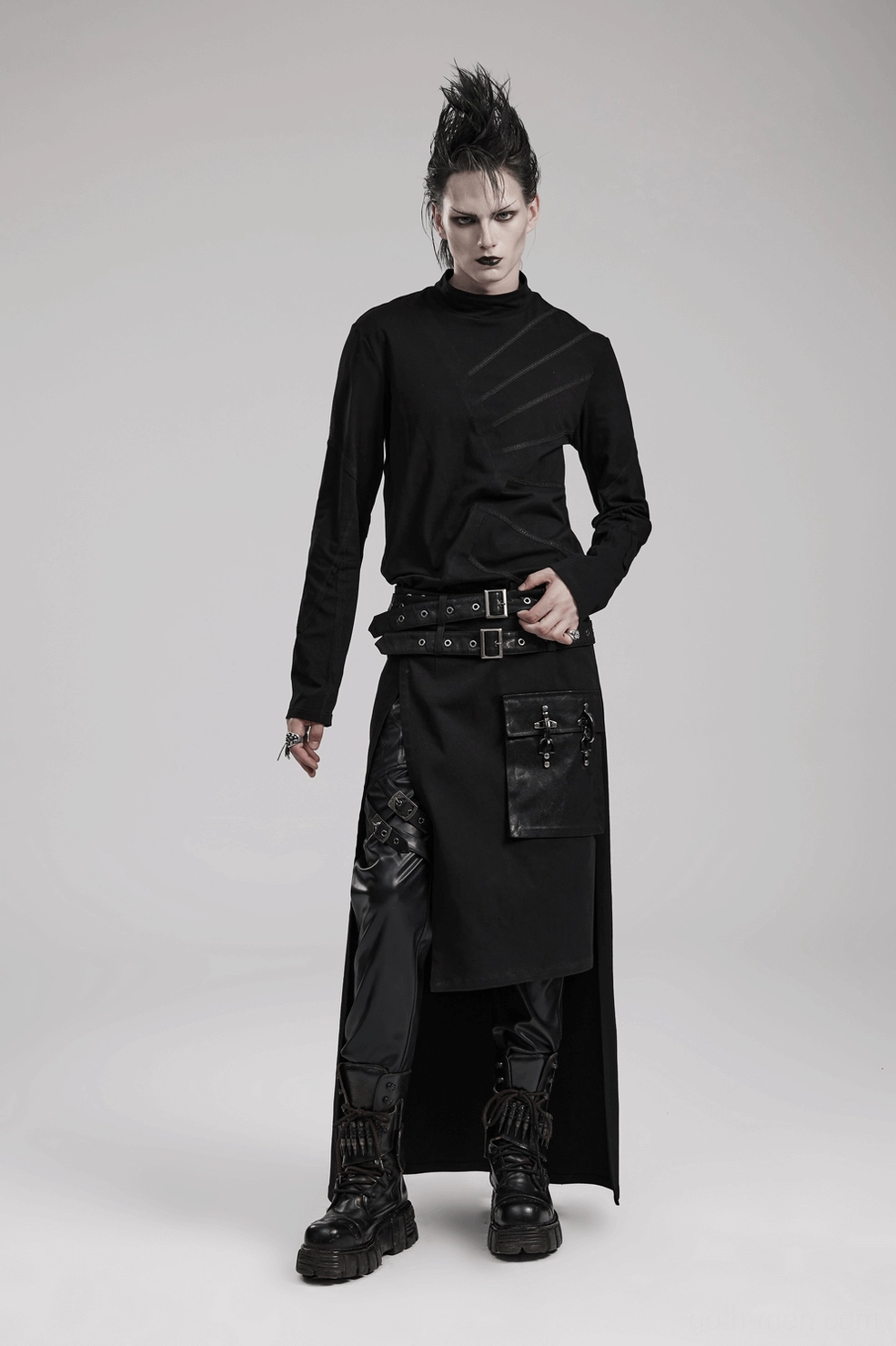 Black Gothic Asymmetrical Utility Kilt texture and fabric detail showcasing woven cotton blend material