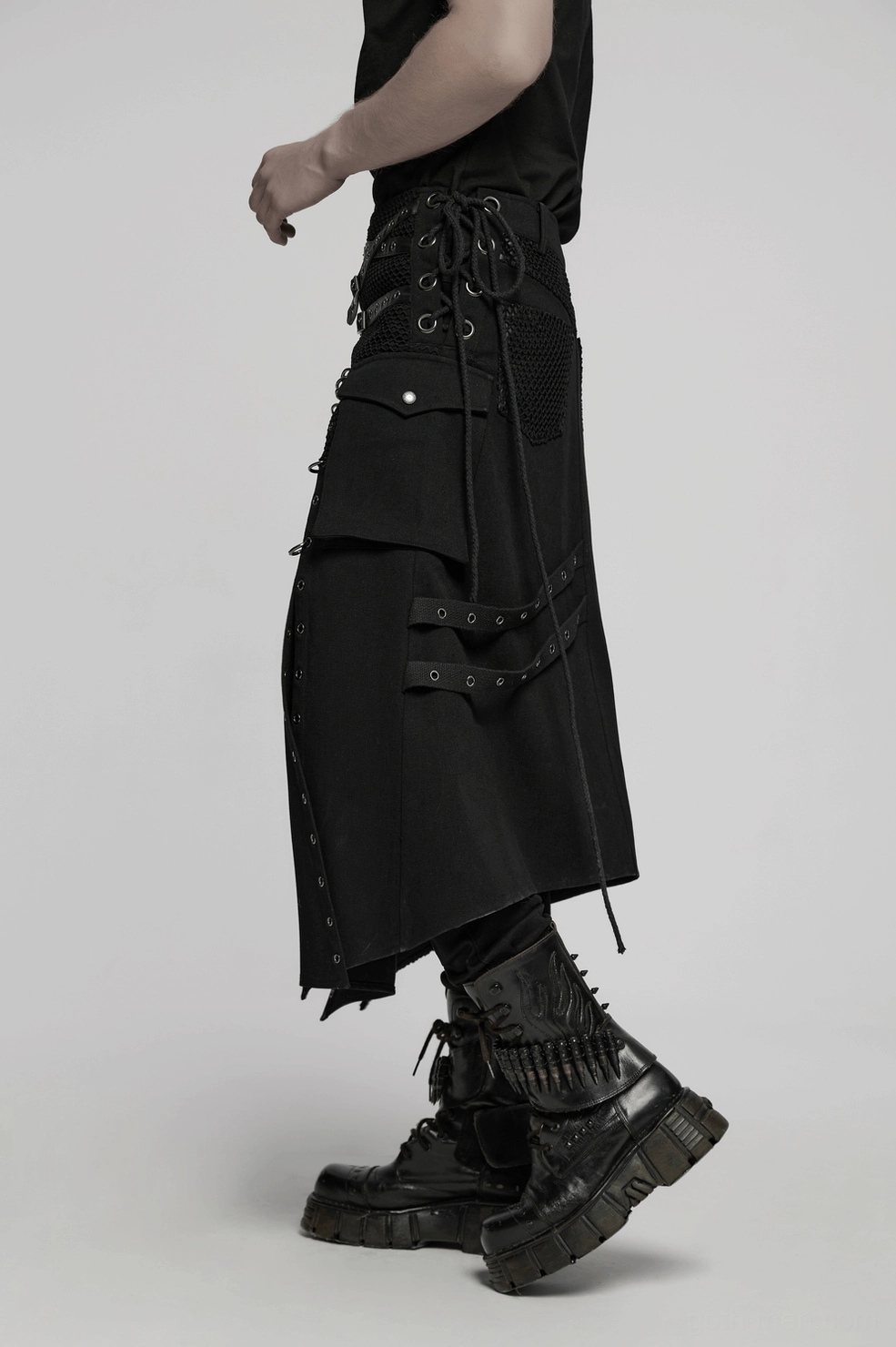 Asymmetric Gothic Kilt - Texture and Fabric Close-Up Displaying Twill, Mesh Panel Contrast, and Decorative Elements