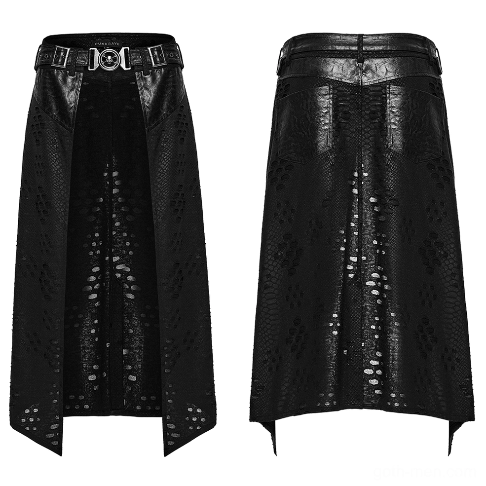 Flat lay front view of deconstructed gothic kilt with metal buckle belt and cut-out knit details