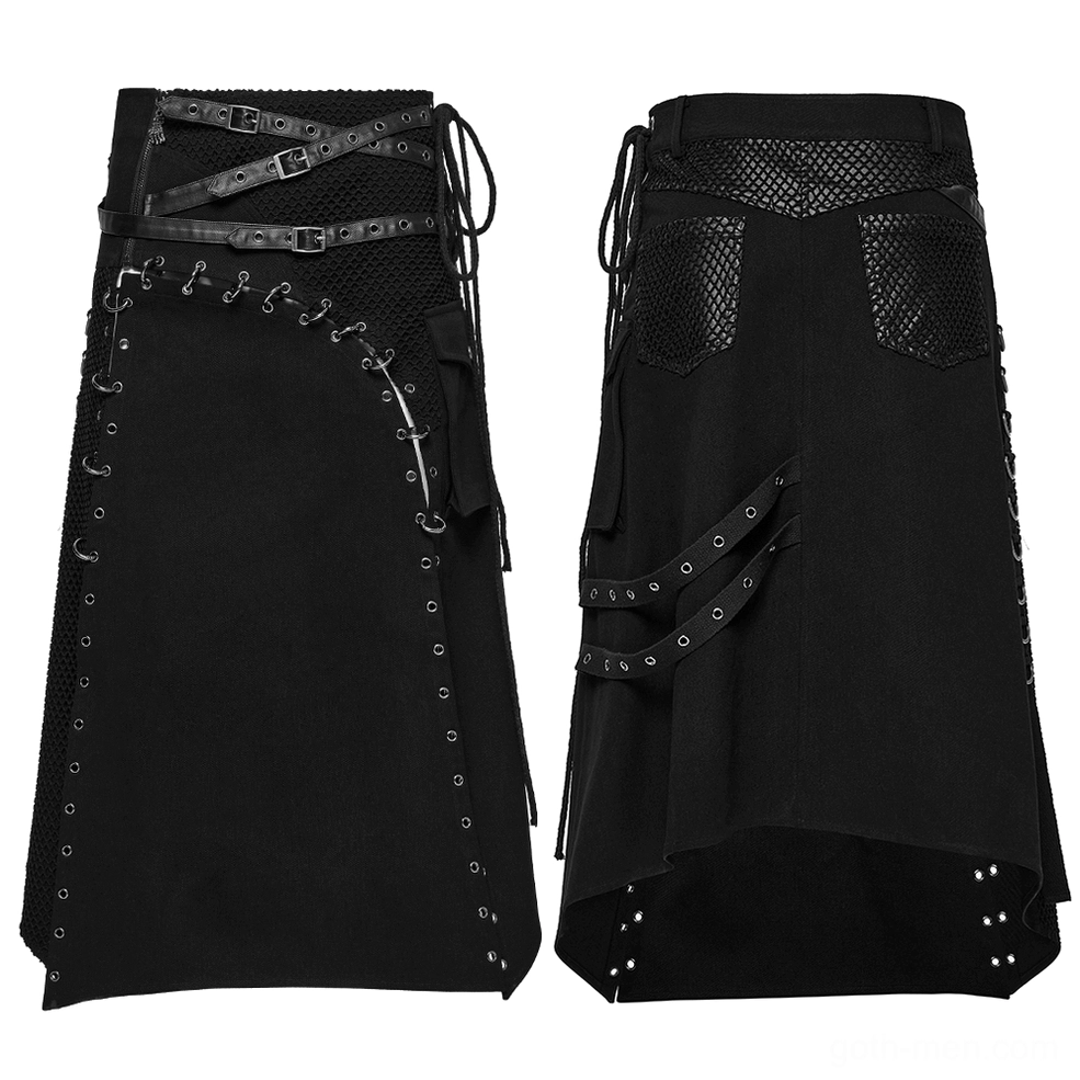 Asymmetric Mens Gothic Kilt - Flat Lay Front and Rear Design with Cross Buckled Leather Straps and Metal Eyelet Trim