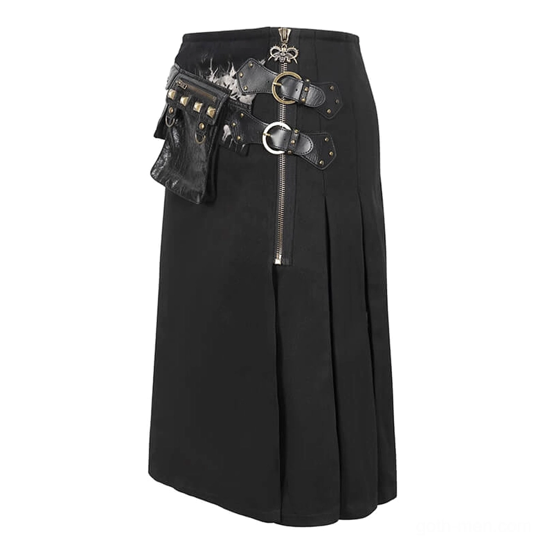 Front center detail of tie-dye gothic kilt featuring front zipper, metal ring buckles, and industrial hardware accents