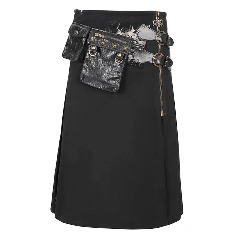 Front flat lay of tie-dye studded gothic kilt displaying studded leather waist pouches, metal buckles, and side zipper detail