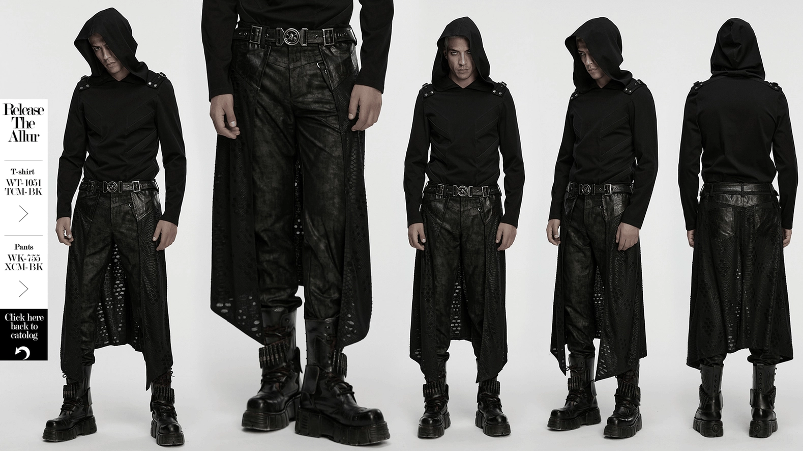 Front full studio view of men's gothic punk kilt showing faux leather snake texture and tattered knit panels with metal belt