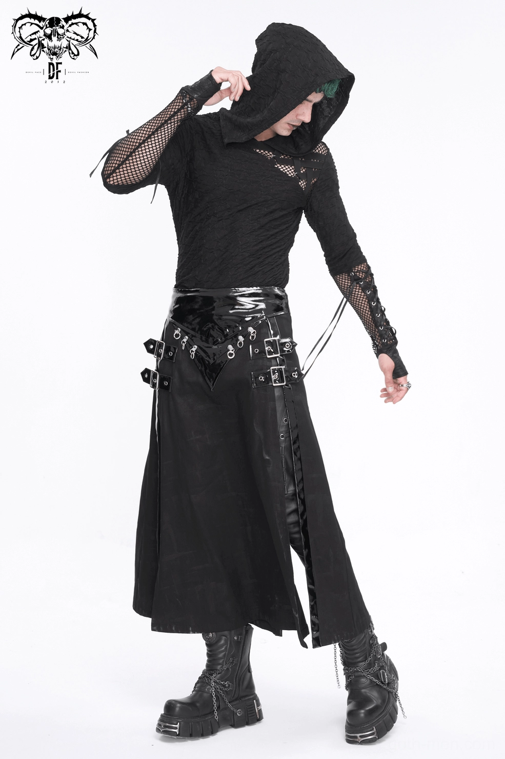 Gothic kilt front detail with central leather panel and buckle arrangement - design feature