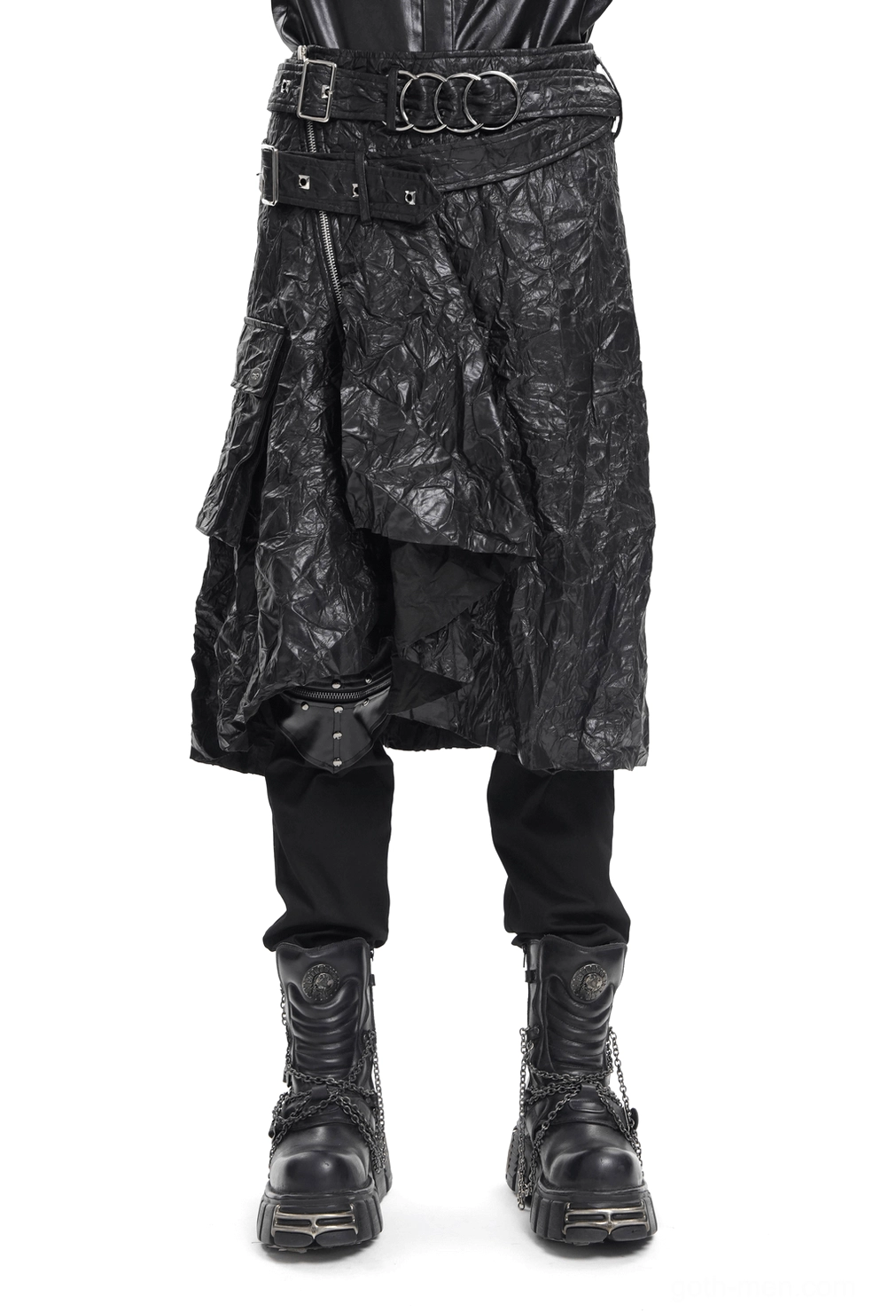 Black crinkled leather gothic kilt front three-quarter view showing multi-ring metal buckle waist belt and asymmetrical layered hem on male model