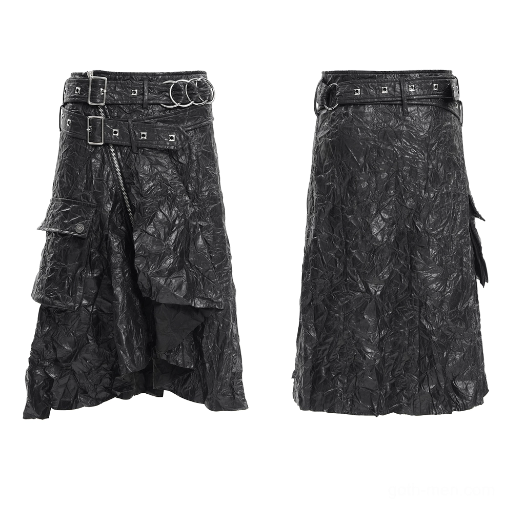 Black synthetic leather gothic kilt front view highlighting multi-buckle and metal ring waist belt with functional cargo pockets