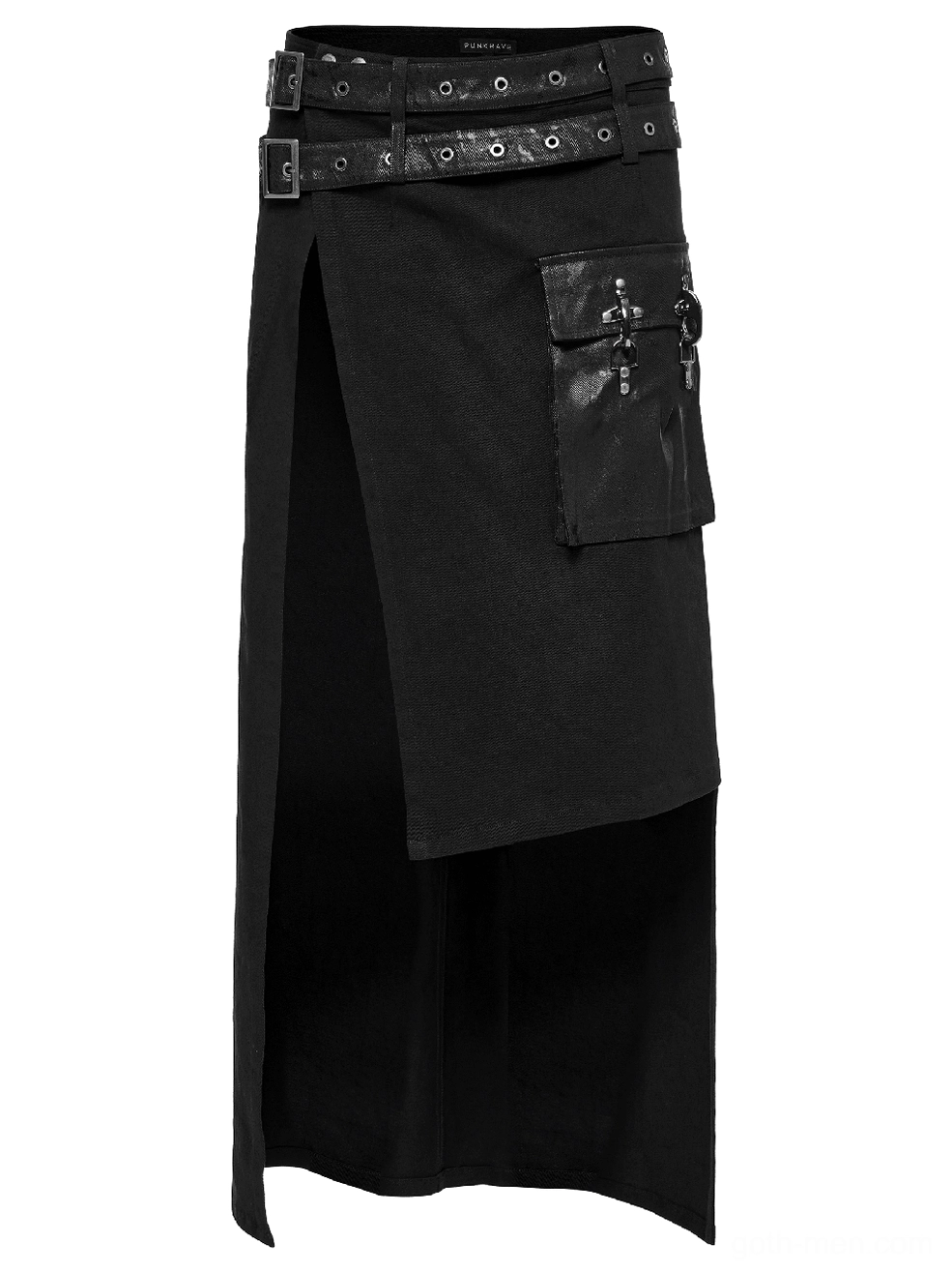 Black Gothic Asymmetrical Utility Kilt front view with dual detachable leather belts and cargo pocket