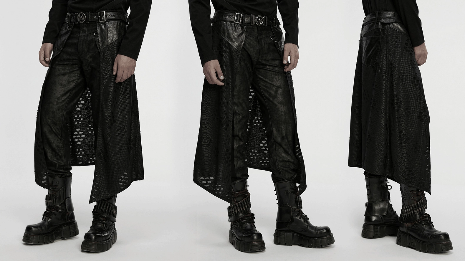 Studio full-body shot of gothic deconstructed kilt with dual buckle belt and layered construction on male model