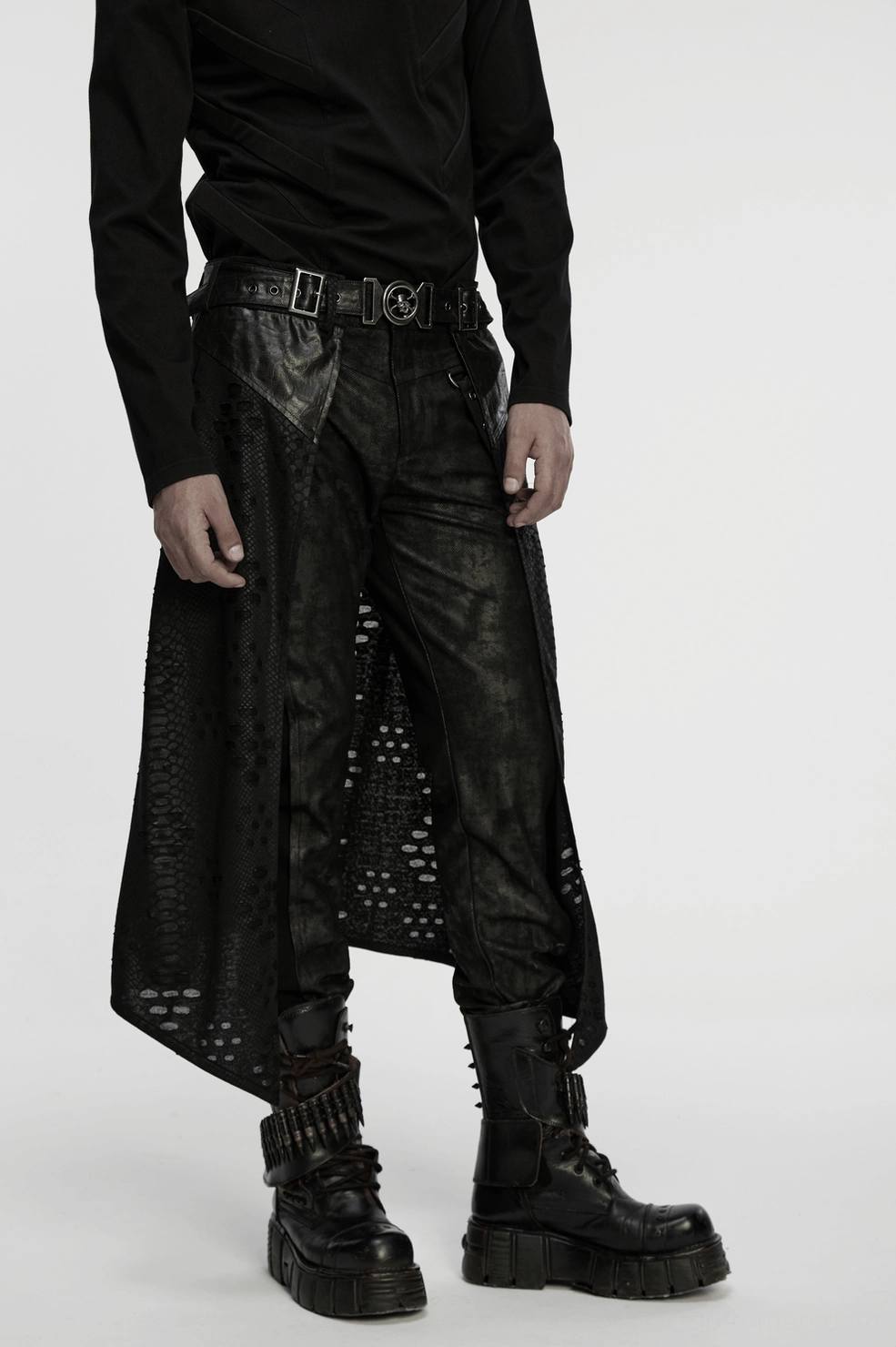 Full front studio shot of men's gothic punk kilt with black faux leather and tattered knit layers