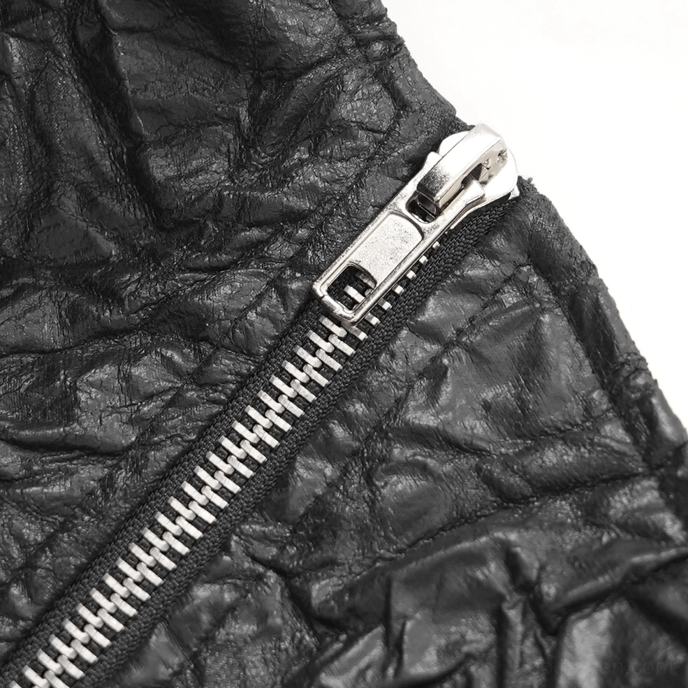Black crinkled leather gothic kilt full-length front view displaying all design elements including metal buckles and asymmetrical hem