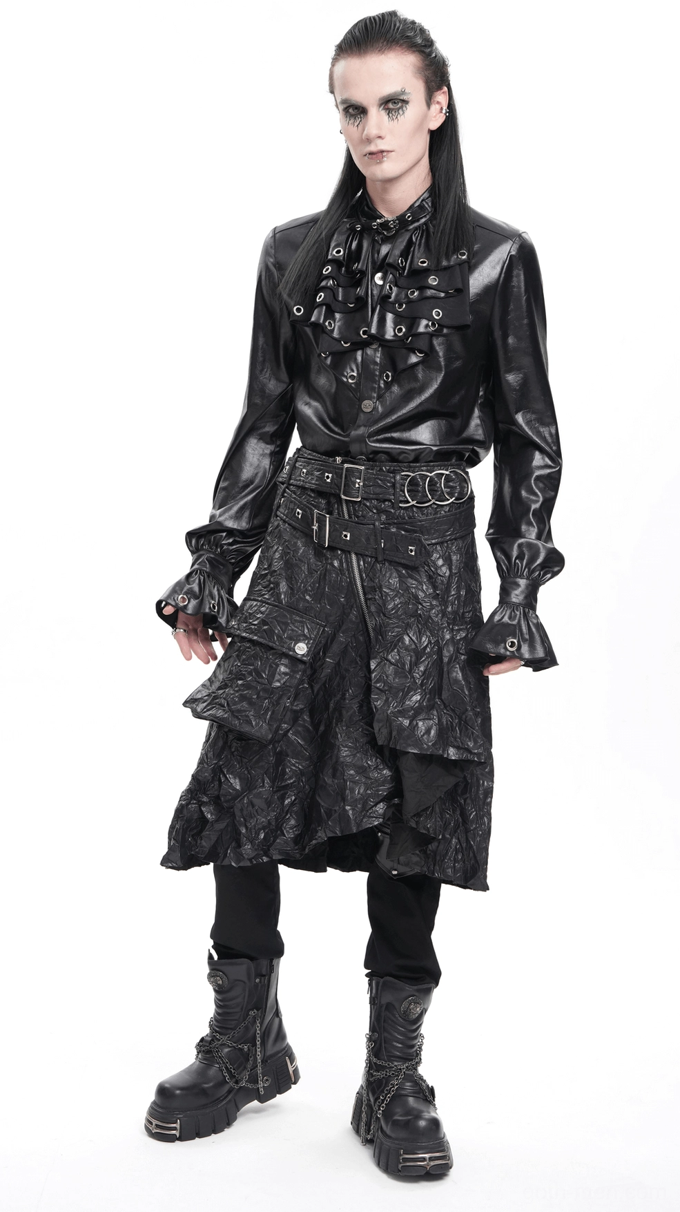 Black crinkled leather gothic kilt showing lower hem construction and asymmetrical layering detail