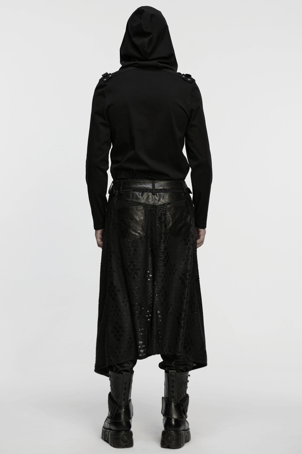 Lower body shot of gothic punk kilt displaying tattered knit fabric and pointed hemline details