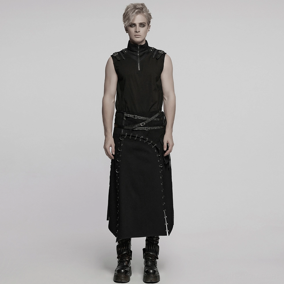 Black Gothic Kilt for Men - High-Low Asymmetric Hemline Detail with Industrial Metal Hardware and Strap Accents