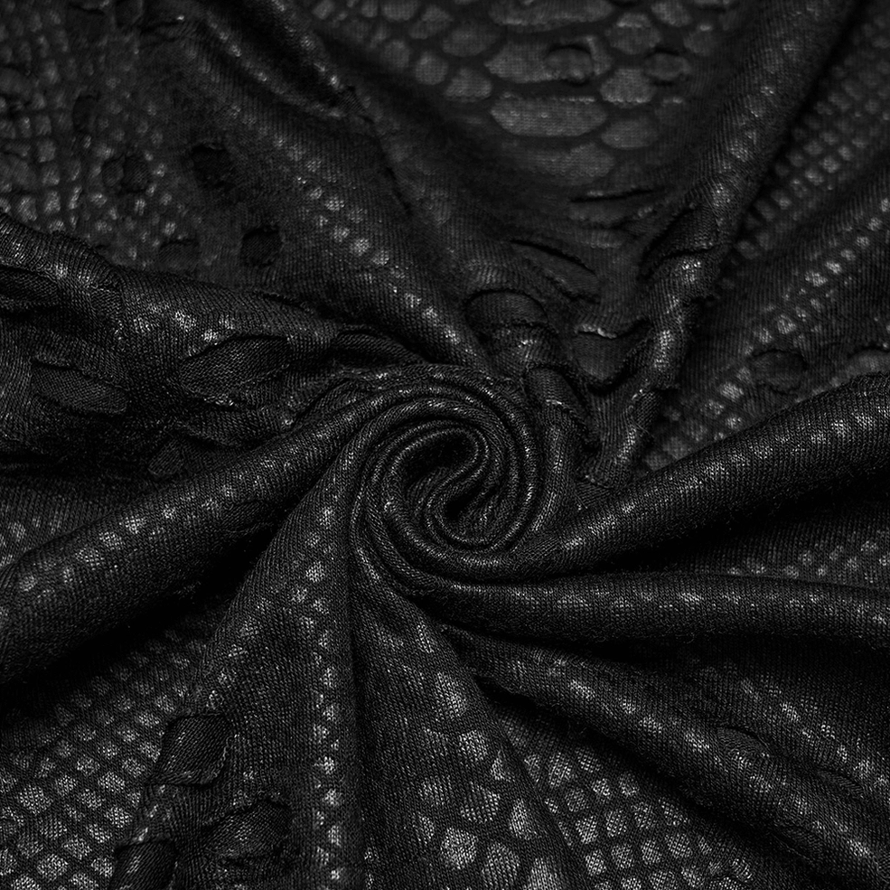 Additional angle of gothic deconstructed kilt displaying layered design and tattered knit construction