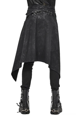 Rear view of black distressed kilt showing asymmetrical hem and back lacing details on male model