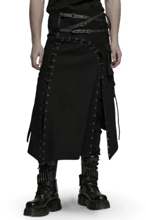 Asymmetric Gothic Mens Kilt with Metal Snaps - Front Full Body View with Platform Combat Boots