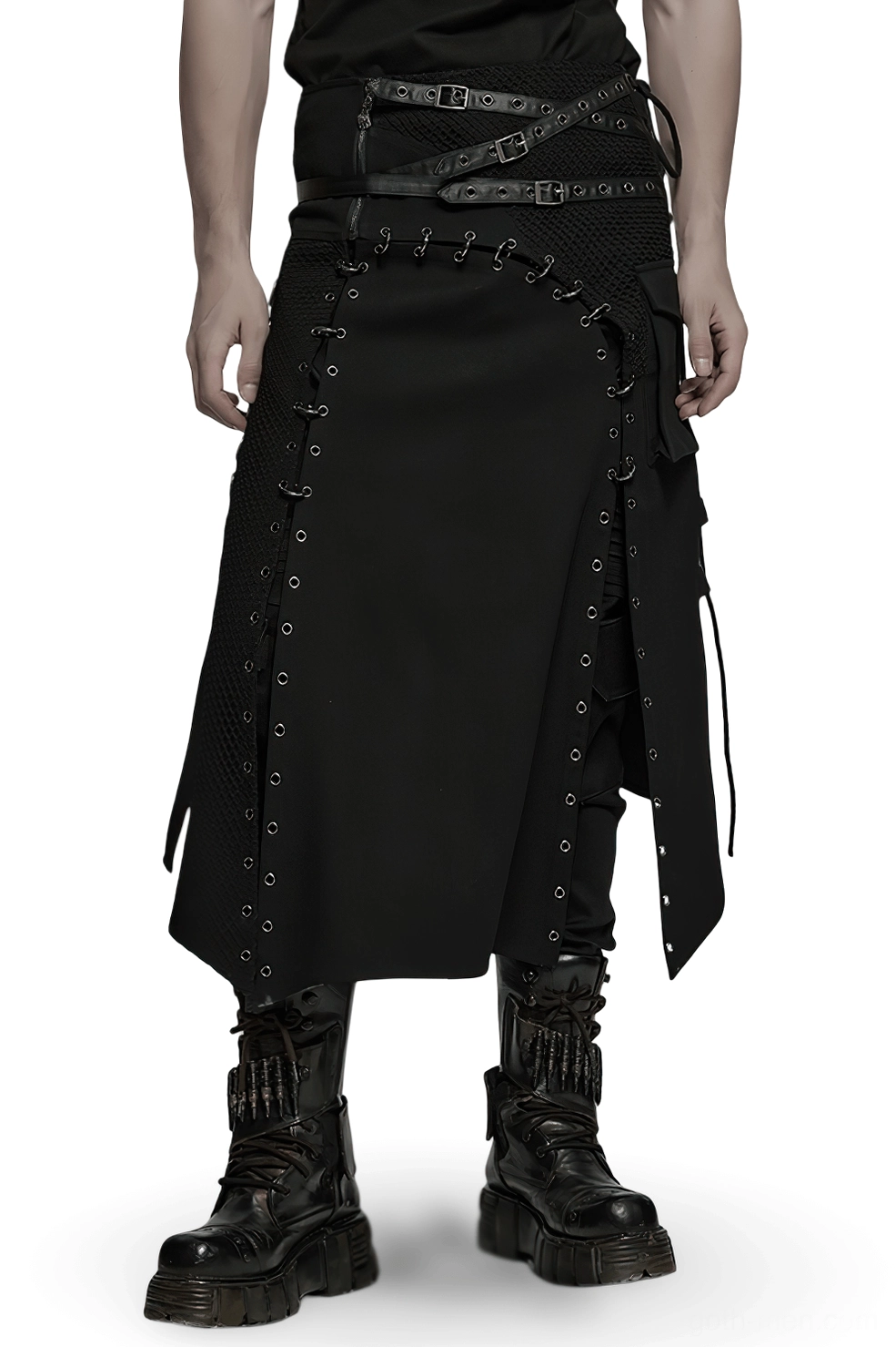 Asymmetric Gothic Mens Kilt with Metal Snaps - Front Full Body View with Platform Combat Boots