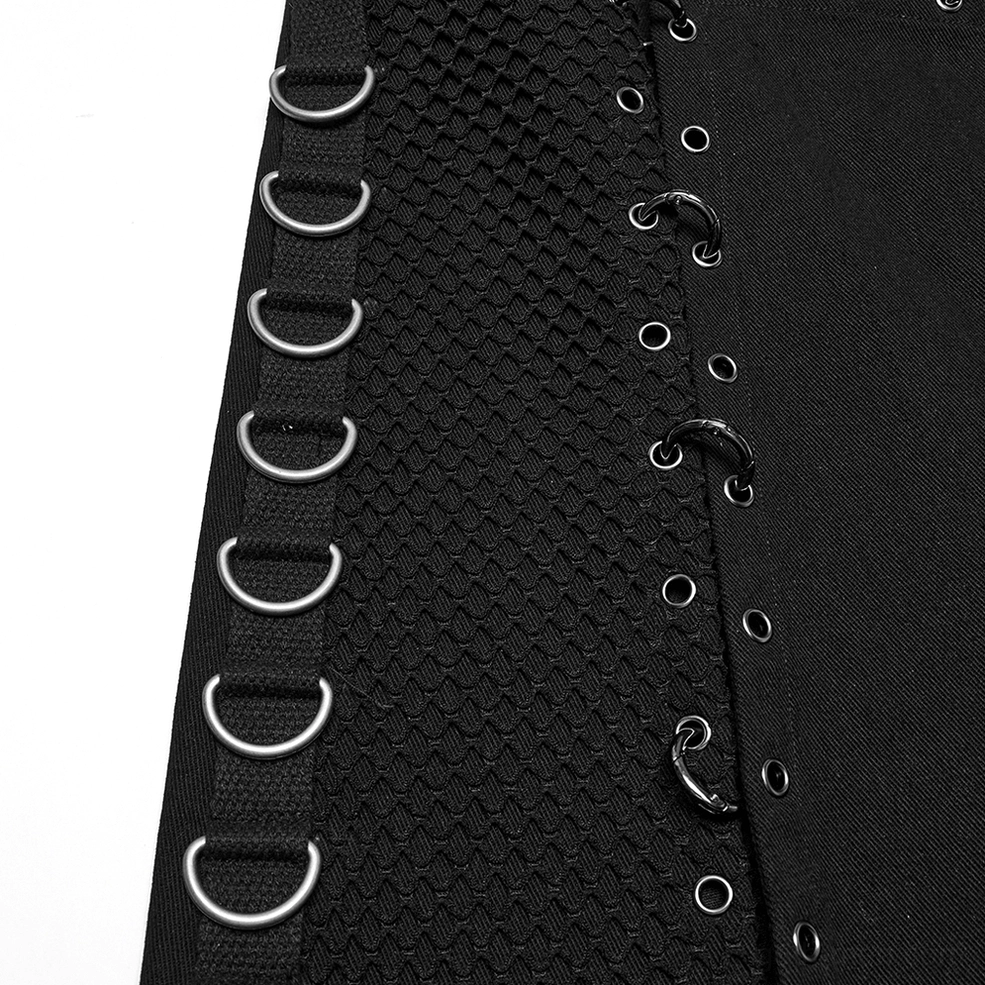 Asymmetric Gothic Kilt Side Trim Close-Up - Metal D-Rings, Woven Mesh Fabric, and Metal Eyelet Fasteners