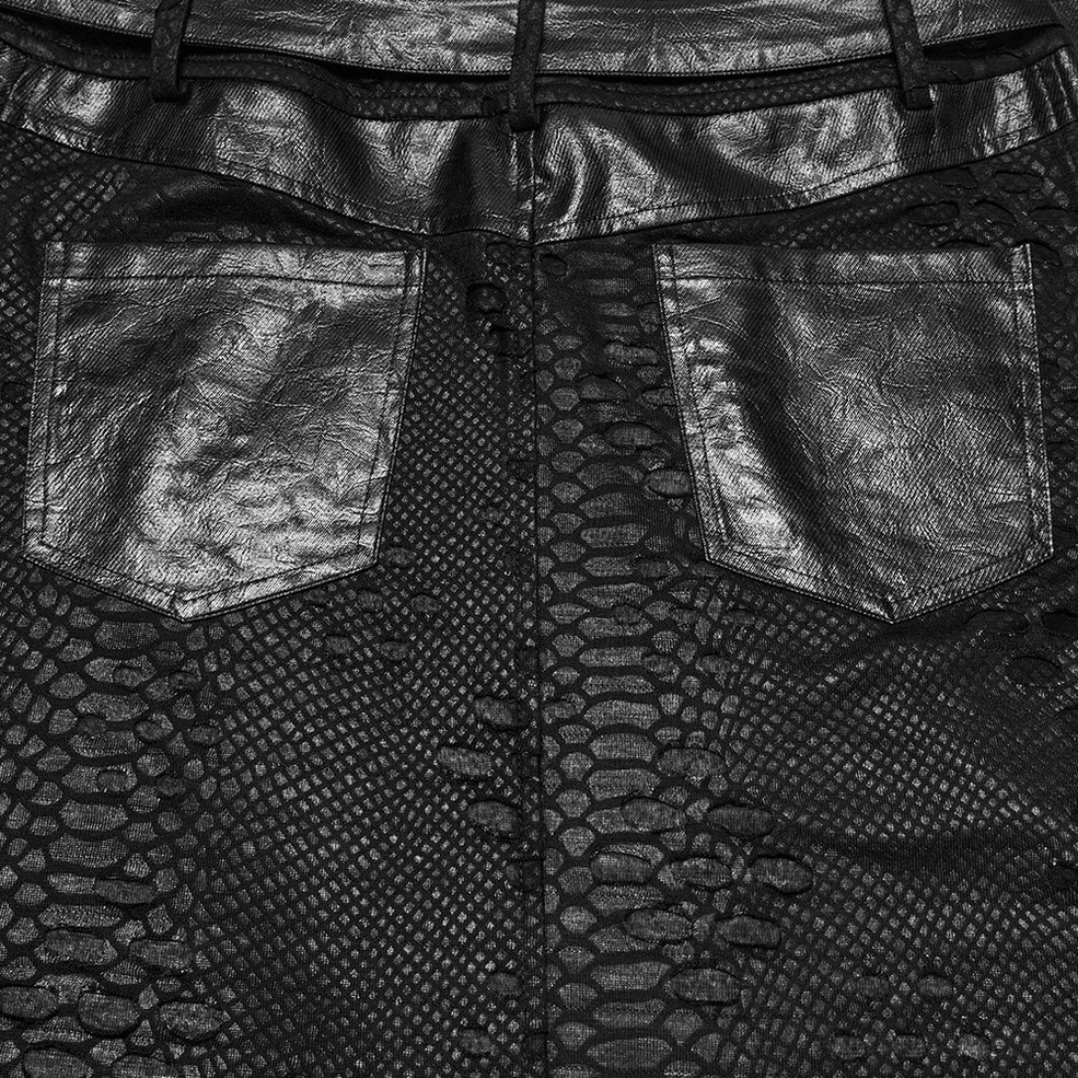 Close-up rear view showing faux leather patch pockets with snake texture on gothic kilt