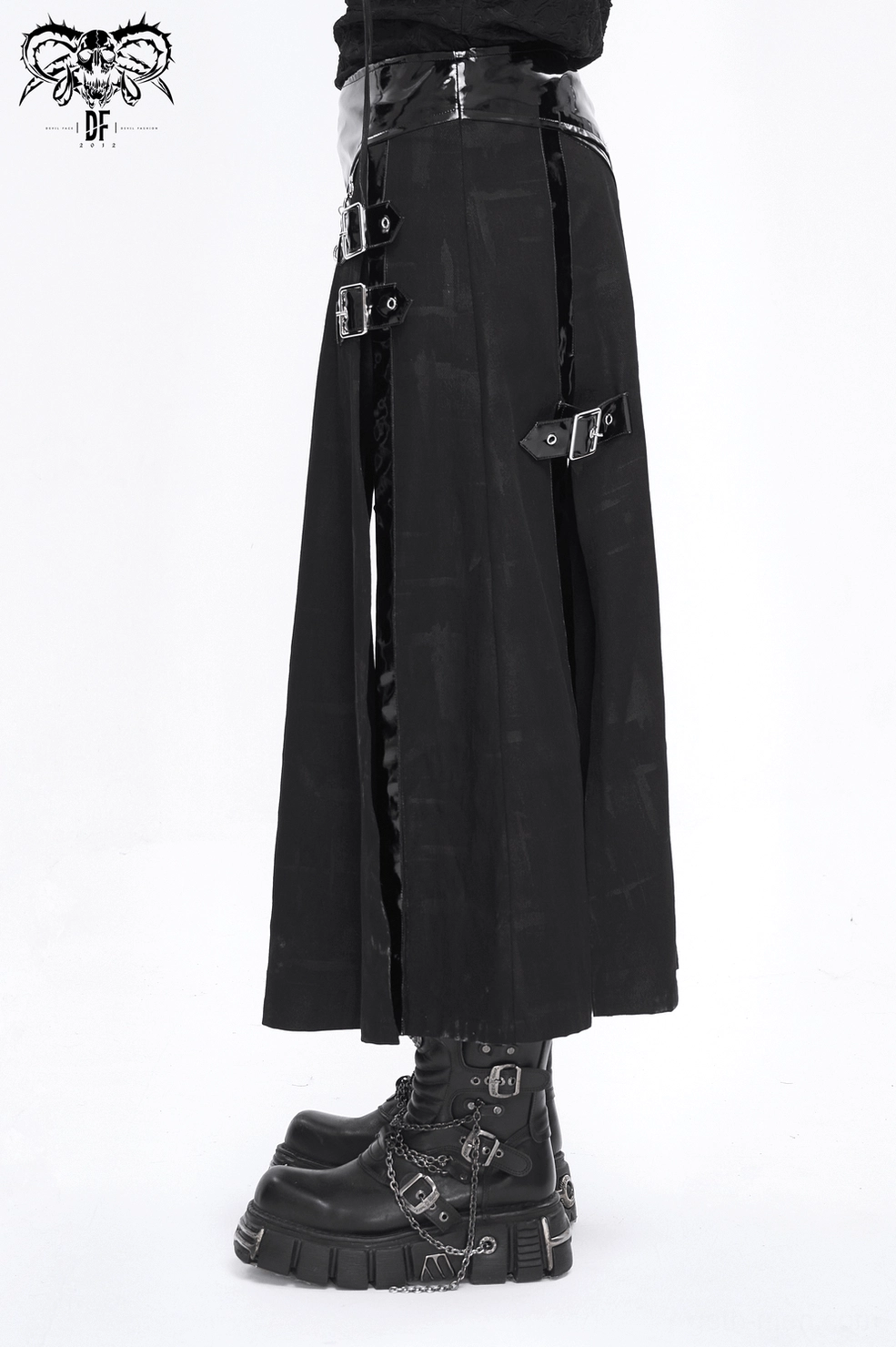 Gothic leather kilt styled with platform boots - complete look for alternative fashion