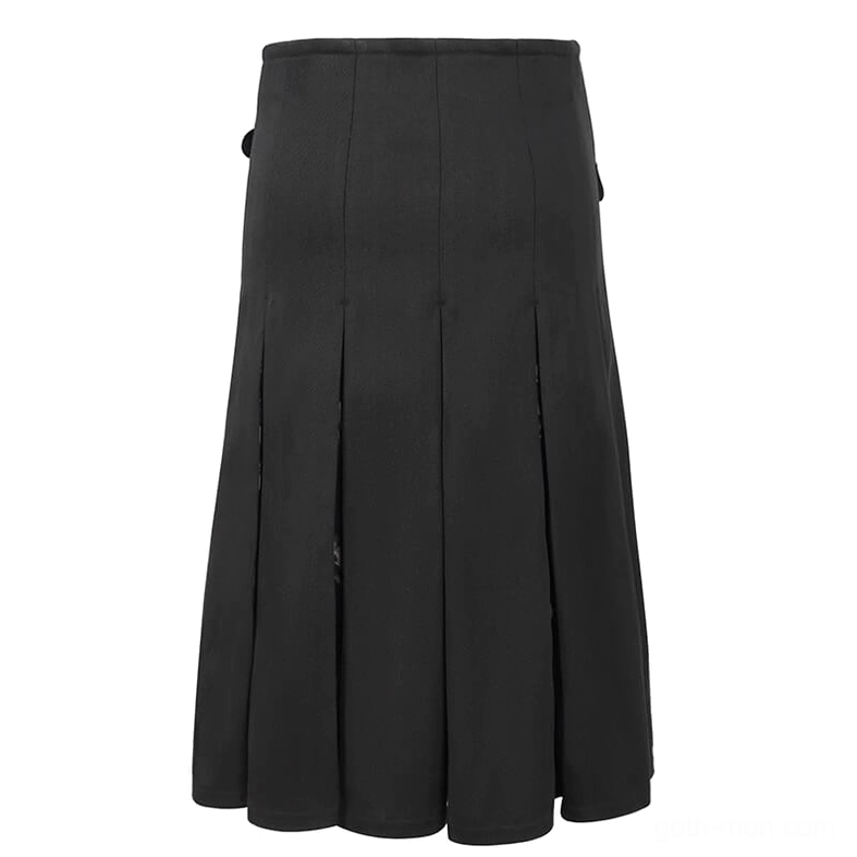 Flat view of black pleated gothic kilt section showing quality woven fabric construction and traditional pleating pattern