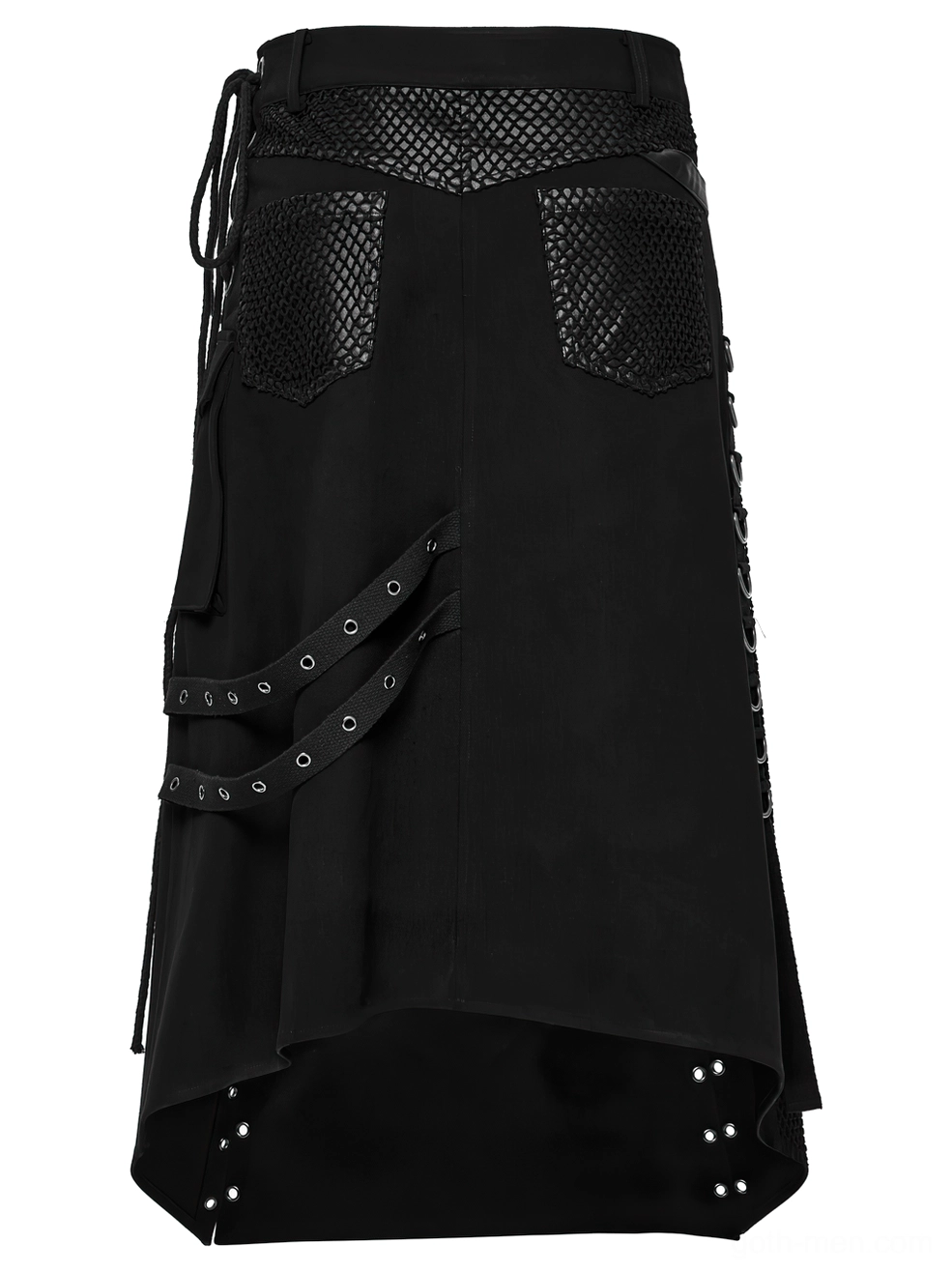 Black Mens Gothic Kilt - Rear Flat Lay Revealing High-Low Asymmetrical Hem with Mesh Back Pockets and Decorative Hardware