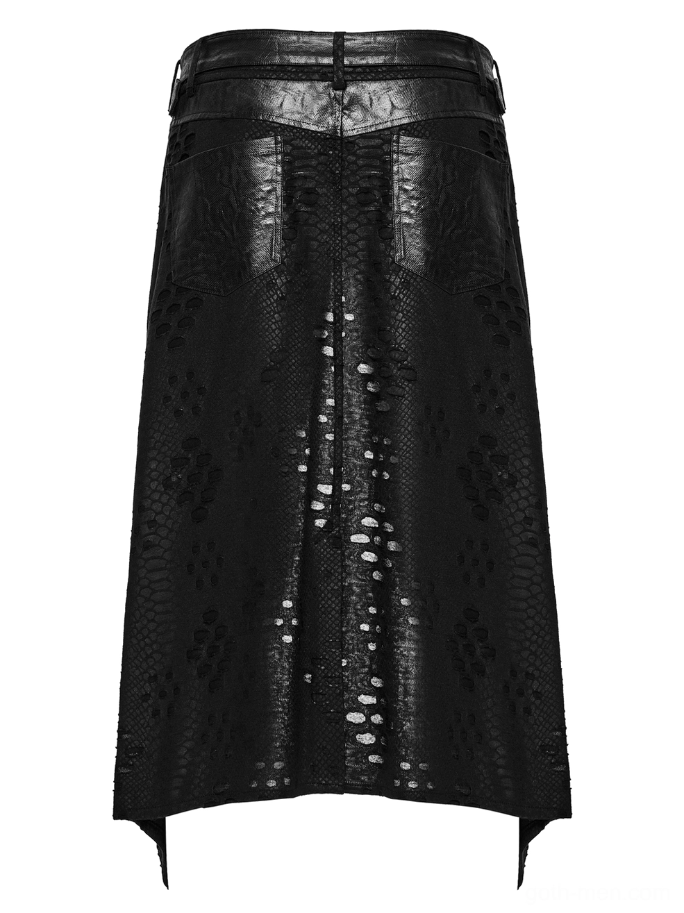Rear flat lay detail of gothic kilt showing pointed hem tips and faux leather panel texture