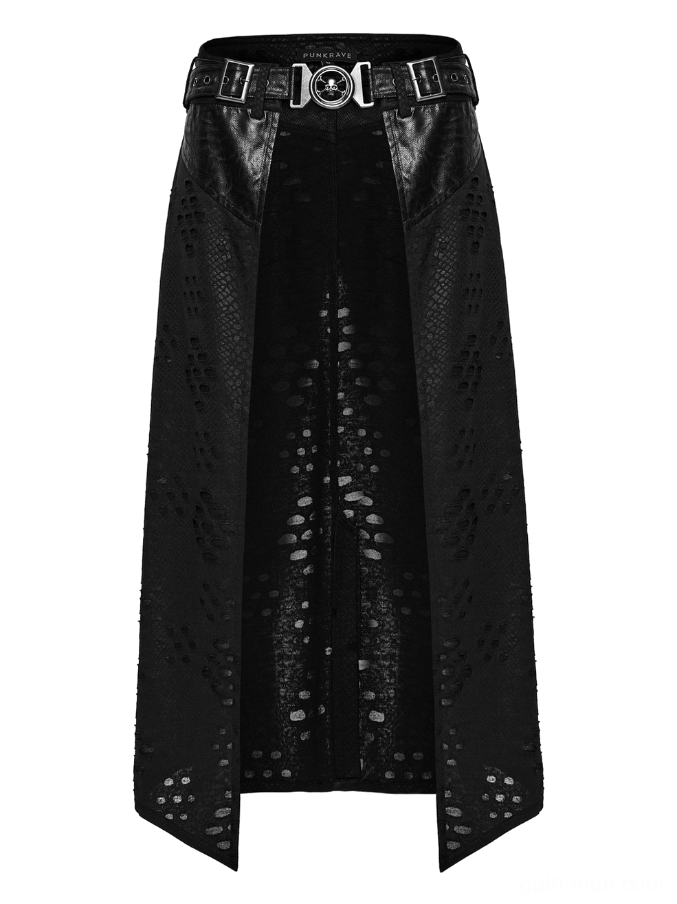 Rear flat lay of gothic punk kilt showing snake print faux leather patch pockets and tattered knit construction