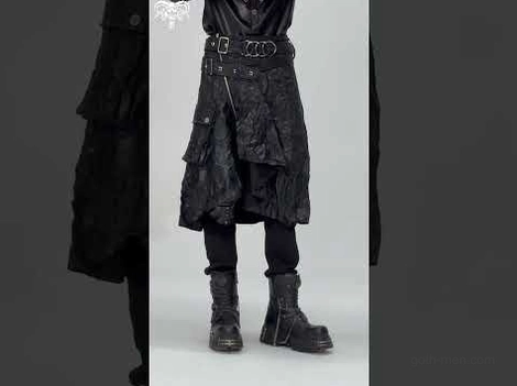 Black crinkled leather gothic kilt rear view showing simple waist belt, side slit pocket detail, and textured leather finish