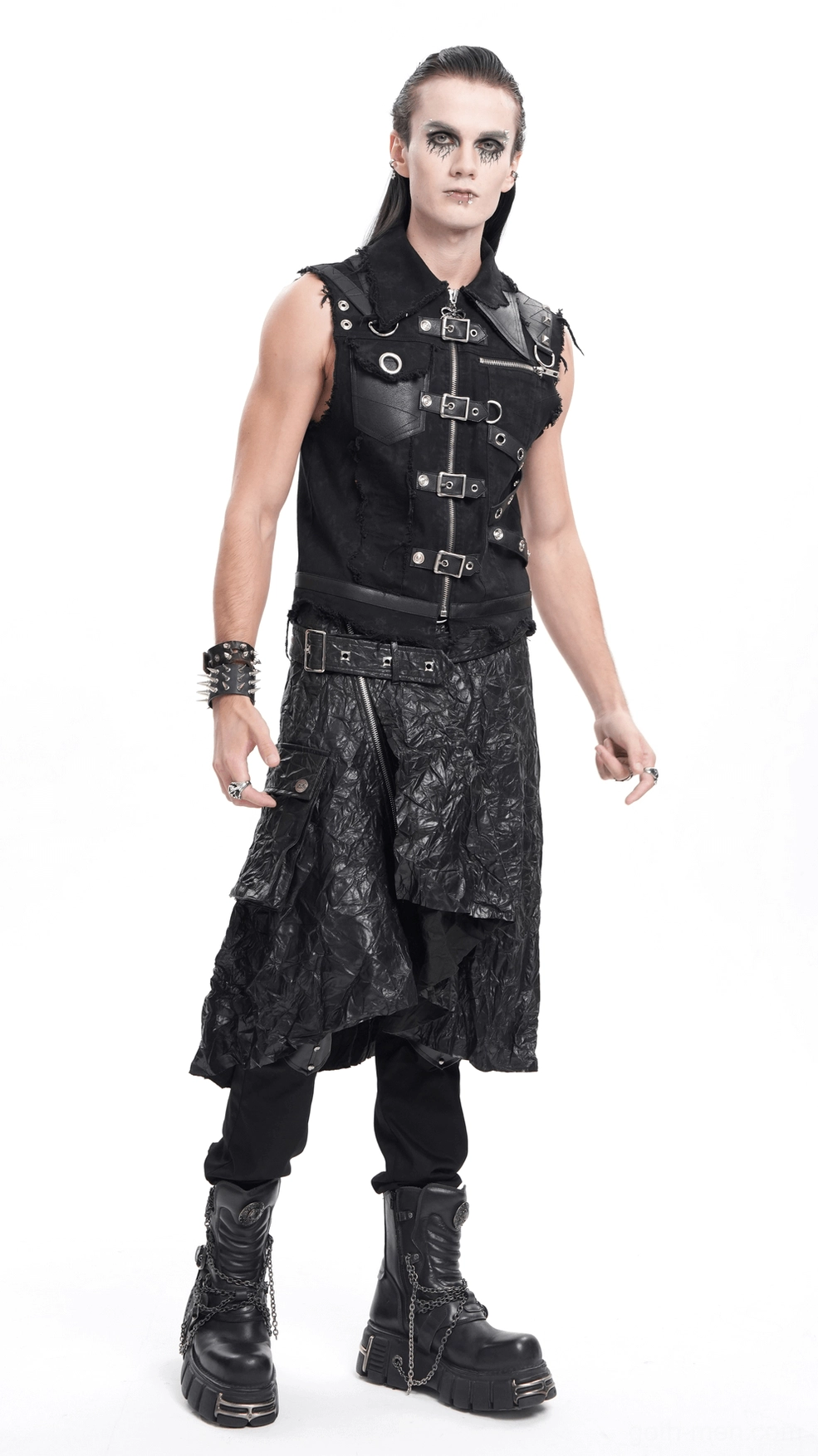 Black crinkled leather gothic kilt rear view showing back waist belt and asymmetrical hem construction