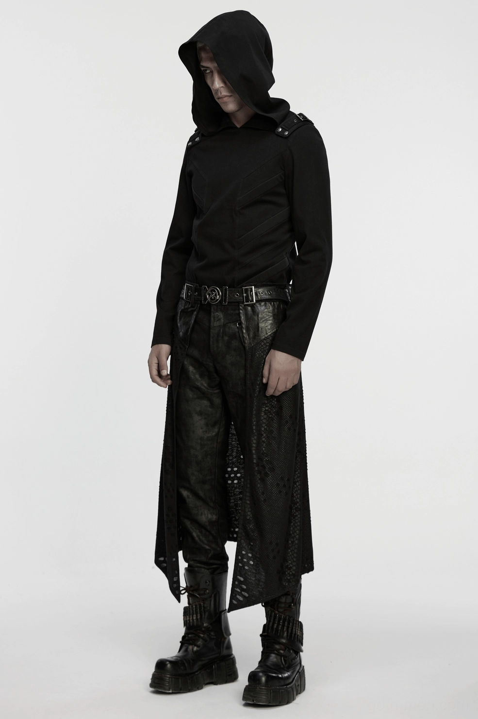 Side angle of gothic deconstructed kilt showing metal buckle system and asymmetrical hem design