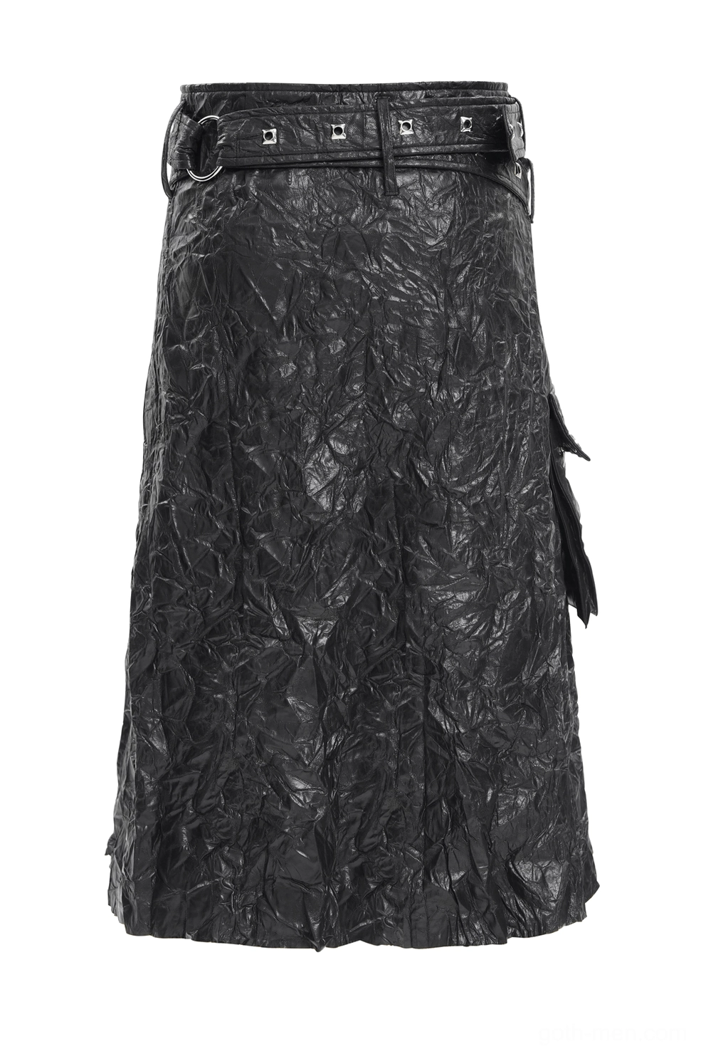 Black crinkled leather gothic kilt side view showing double adjustable waist belts and functional flap cargo pockets