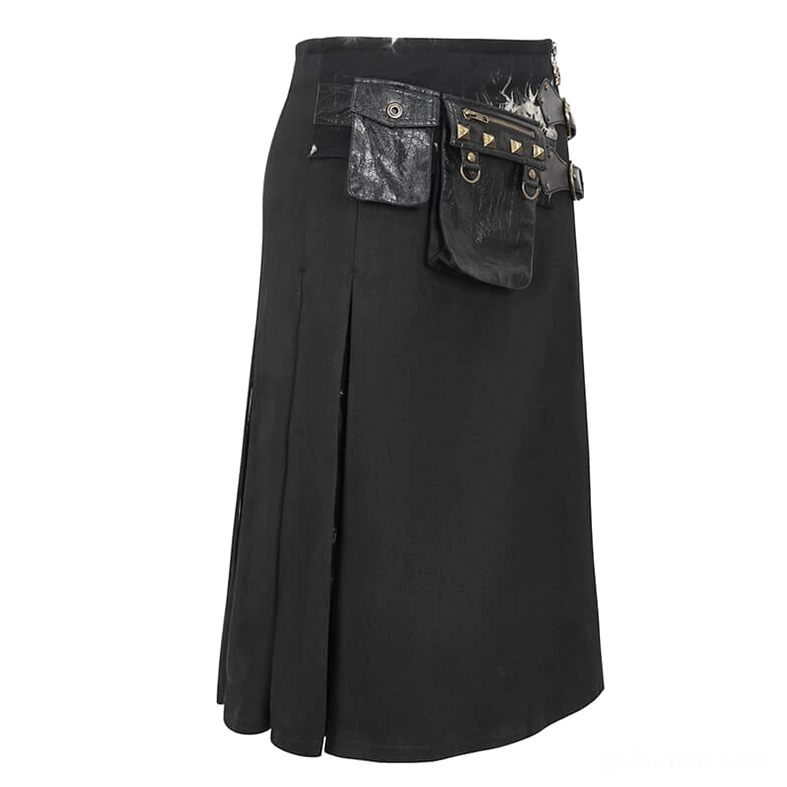 Side flat lay of gothic tie-dye kilt showing pleated construction, studded waist pouch, and overall silhouette