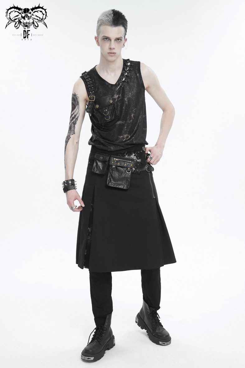 Side view detail of gothic kilt showing studded waist pouch attachment, metal rings, and fitted silhouette construction