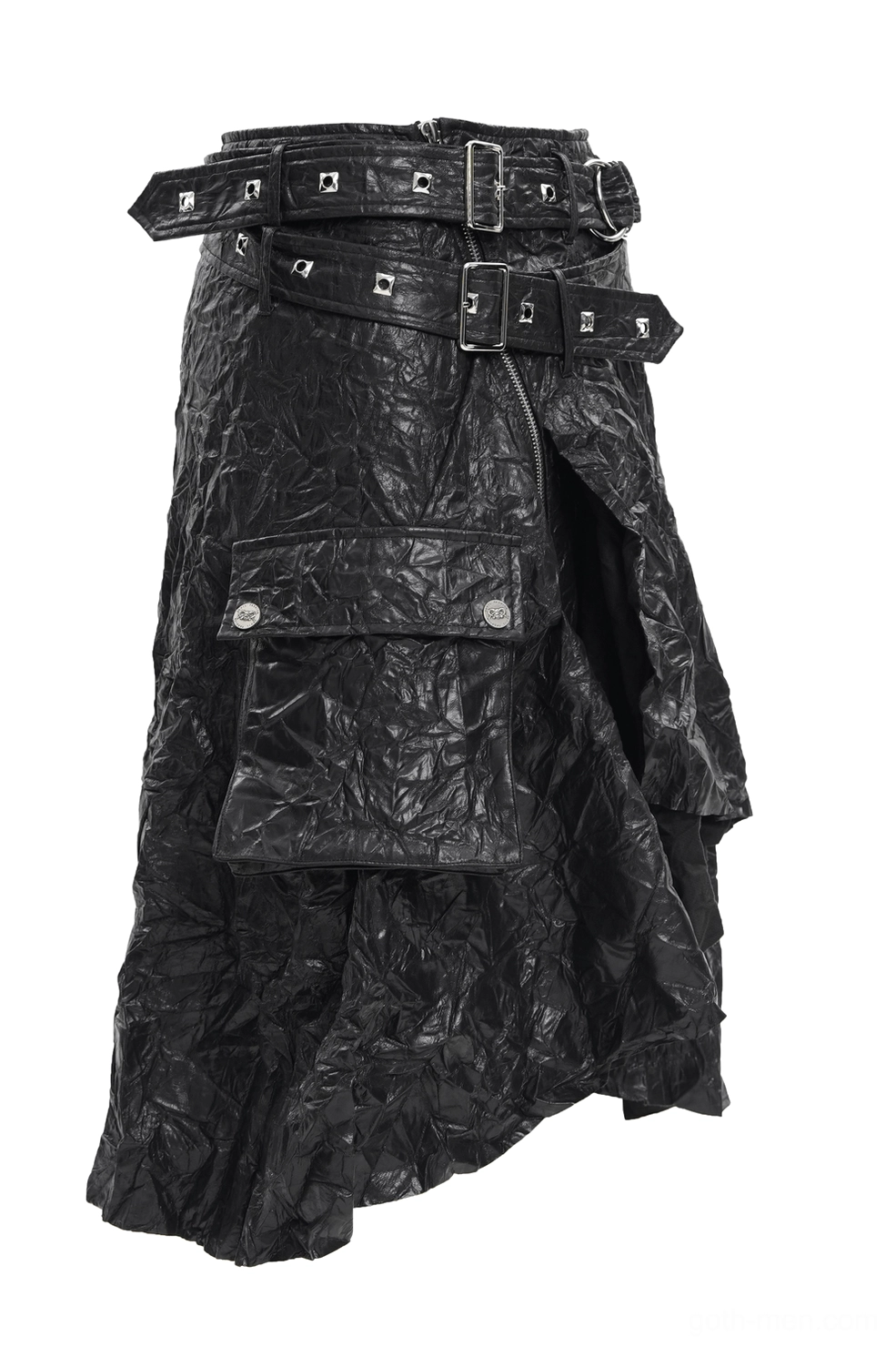Black crinkled leather gothic kilt side view showcasing draped asymmetric hem and metal ring buckle waist closure