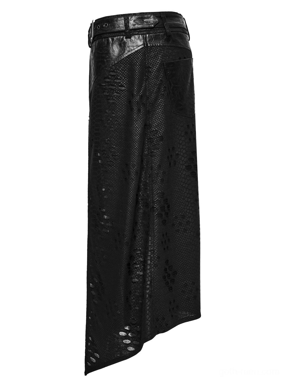 Side profile flat lay of gothic kilt showing asymmetrical pointed hem and layered tattered knit fabric