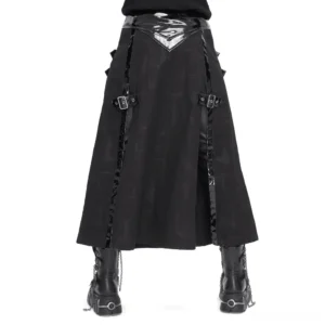 Gothic leather kilt with side chains and slits - side rear angle showcasing details and movement