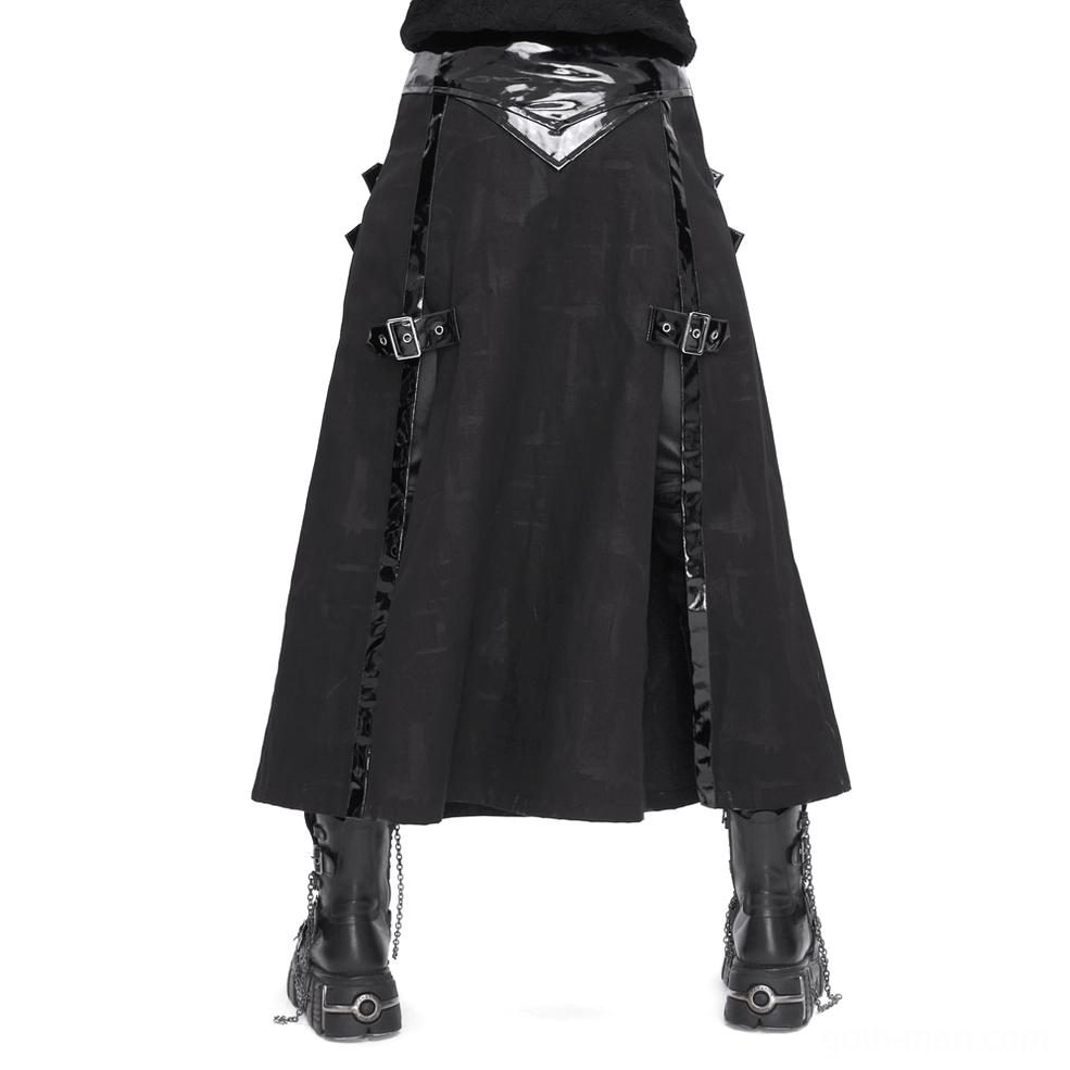 Gothic leather kilt with side chains and slits - side rear angle showcasing details and movement