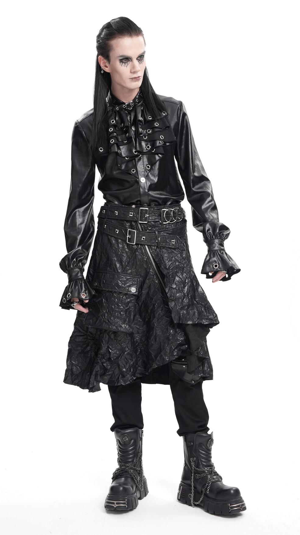Black crinkled leather gothic kilt displaying side slit pocket detail and draping of crinkled material