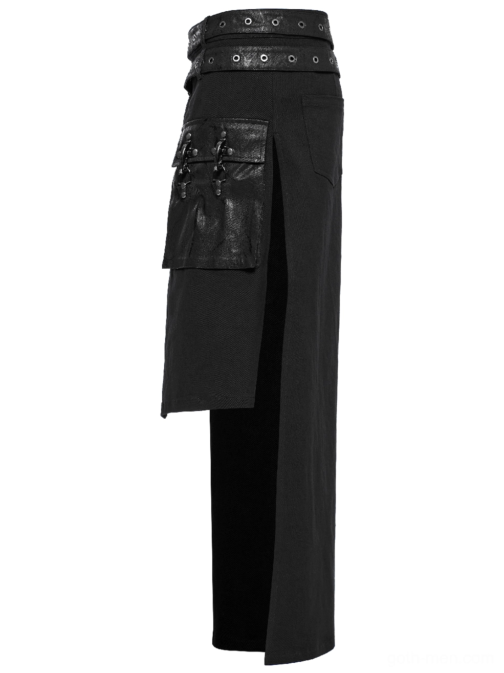 Black Gothic Asymmetrical Utility Kilt side view showing asymmetrical split hemline design