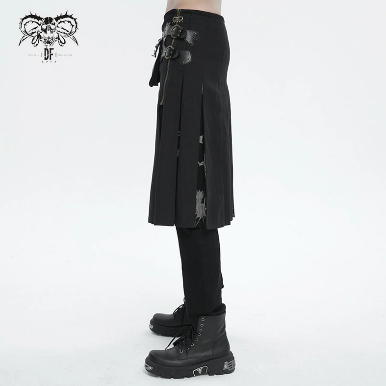 Side full view of gothic tie-dye kilt on male model displaying pleated back construction and inner lining details