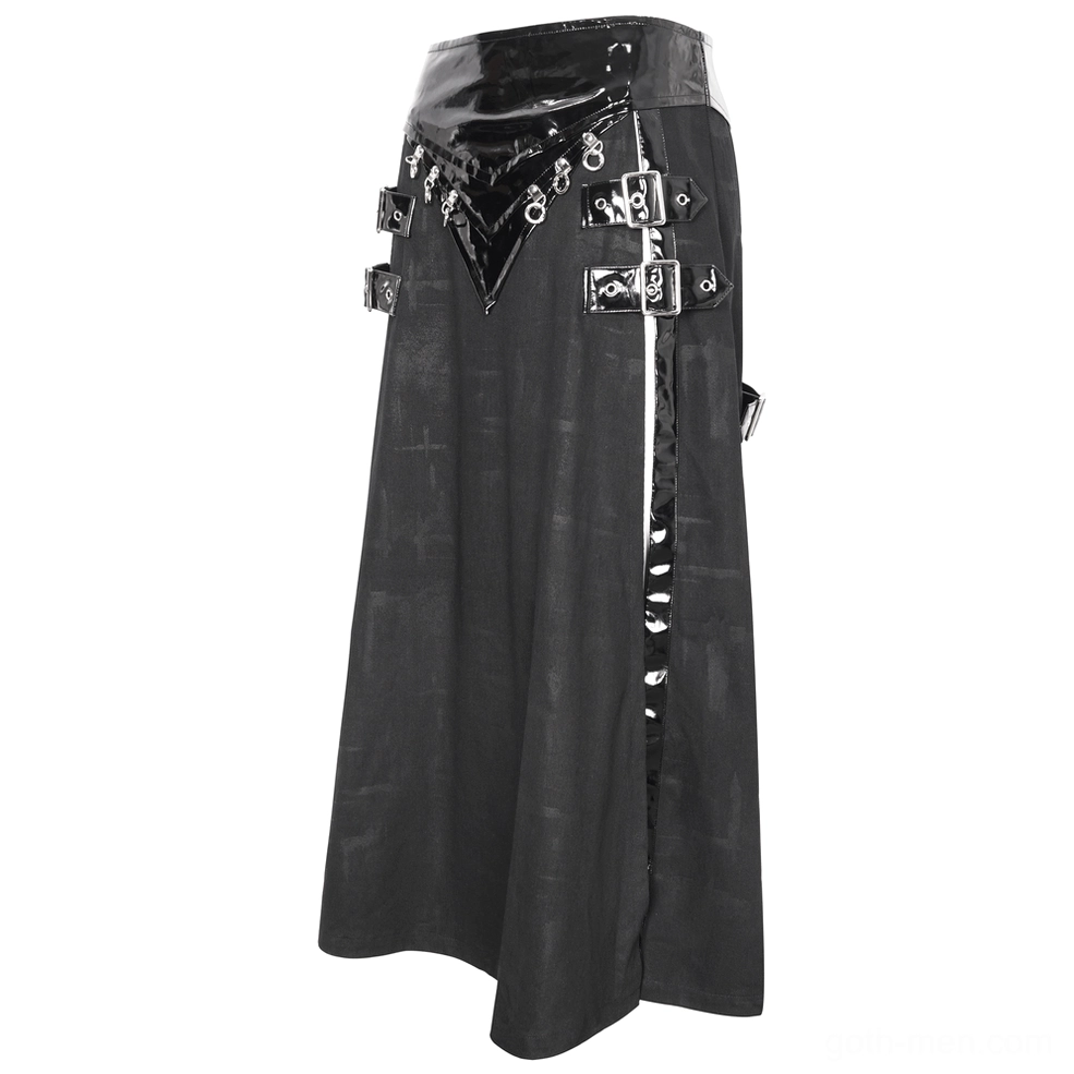 Men's gothic kilt side view showing zipper closure and patent leather trim accents