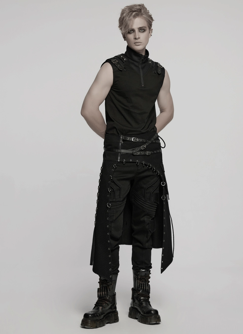 Asymmetric Black Gothic Mens Kilt - Movement and Silhouette Study with Decorative Straps and Metal Hardware