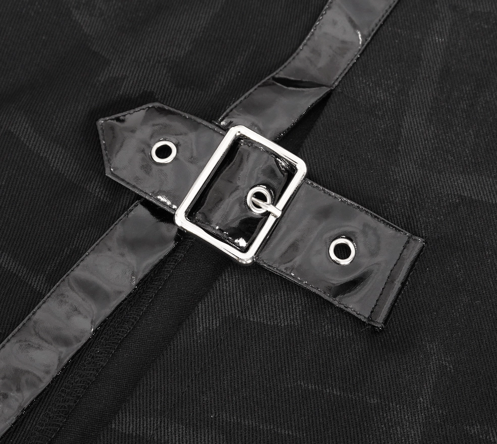 Single square silver buckle detail on gothic kilt leather strap with eyelet fastening
