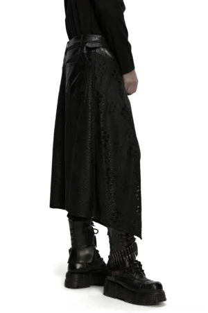 Back view of men's gothic punk kilt showing asymmetrical pointed hem and snake-textured leather panels