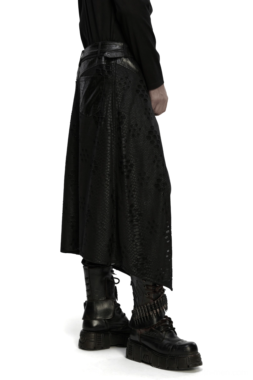 Back view of men's gothic punk kilt showing asymmetrical pointed hem and snake-textured leather panels