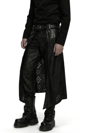 Gothic deconstructed kilt with snake texture faux leather and tattered knit panels, front full view on male model wearing black