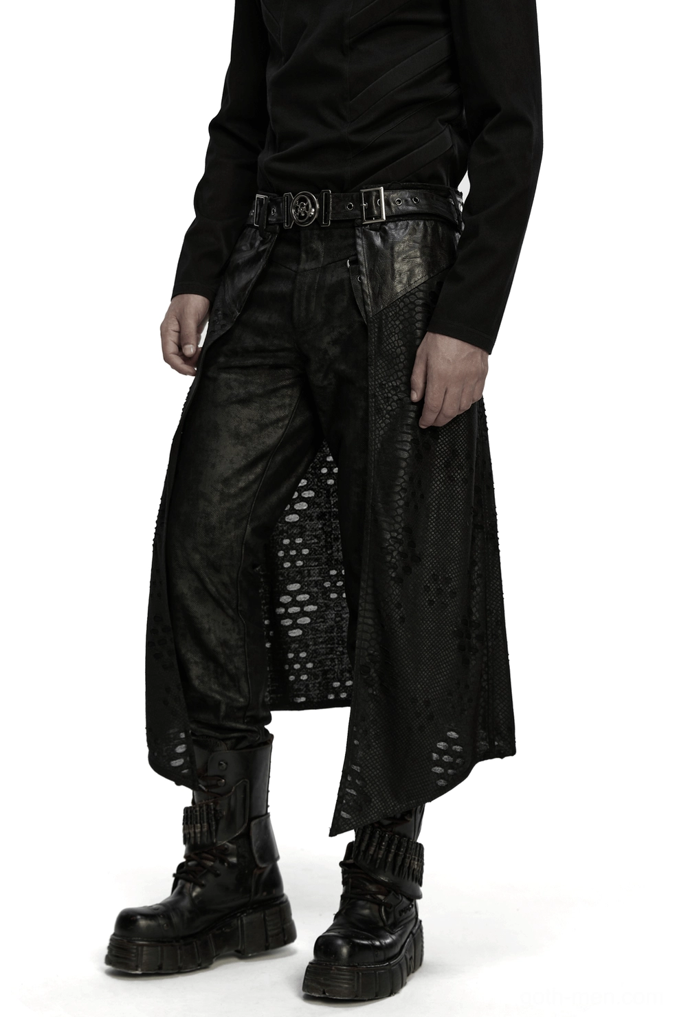 Gothic deconstructed kilt with snake texture faux leather and tattered knit panels, front full view on male model wearing black